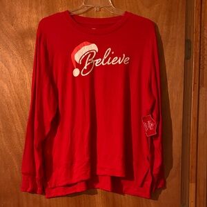 Holiday Time Red Christmas Believe in silver with Santa hat ls shirt (mlb)